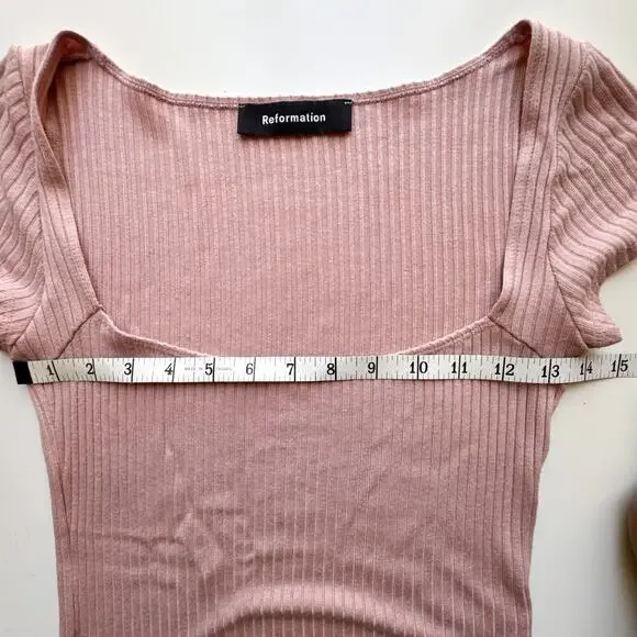 Reformation Cap-Sleeve Ribbed Knit Square Neck Blush Pink Bardot Top Small - Picture 5 of 9